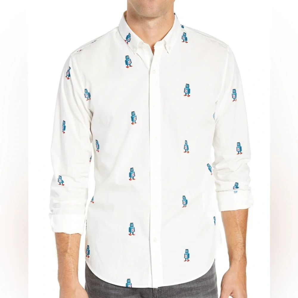Bonobos Washed Button Down Slim Fit White Robot Print Sport Shirt Size Medium - Picture 2 of 7